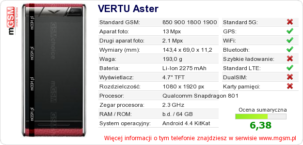 Dane telefonu VERTU Aster