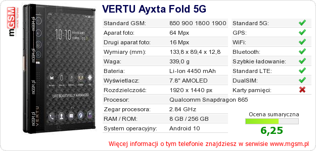 Dane telefonu VERTU Ayxta Fold 5G Dane telefonu VERTU Ayxta Fold 5G