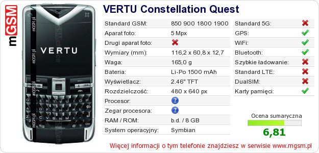 Dane telefonu VERTU Constellation Quest