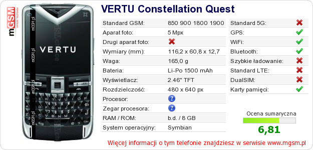 Dane telefonu VERTU Constellation Quest