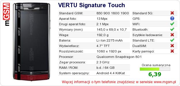 Dane telefonu VERTU Signature Touch