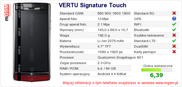 Dane telefonu VERTU Signature Touch