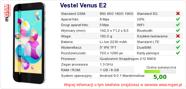 Dane telefonu Vestel Venus E2