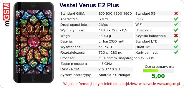 Dane telefonu Vestel Venus E2 Plus