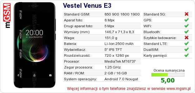 Dane telefonu Vestel Venus E3 Dane telefonu Vestel Venus E3