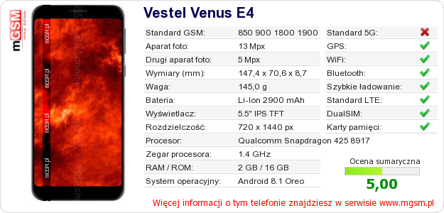 Dane telefonu Vestel Venus E4
