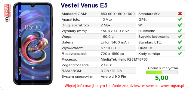 Dane telefonu Vestel Venus E5