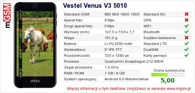 Dane telefonu Vestel Venus V3 5010