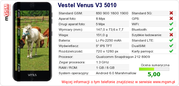 Dane telefonu Vestel Venus V3 5010