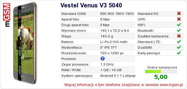 Dane telefonu Vestel Venus V3 5040 Dane telefonu Vestel Venus V3 5040