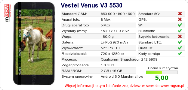 Dane telefonu Vestel Venus V3 5530 Dane telefonu Vestel Venus V3 5530