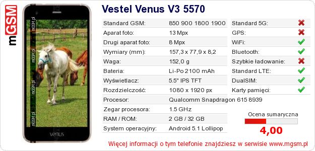 Dane telefonu Vestel Venus V3 5570
