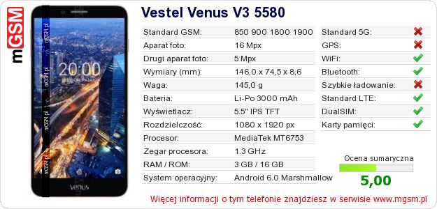 Dane telefonu Vestel Venus V3 5580 Dane telefonu Vestel Venus V3 5580