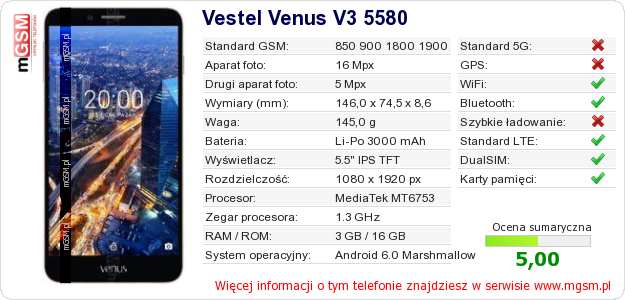 Dane telefonu Vestel Venus V3 5580