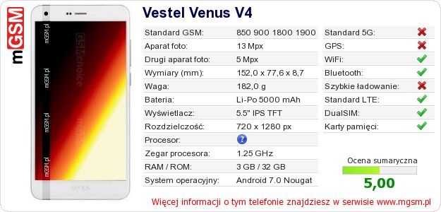 Dane telefonu Vestel Venus V4 Dane telefonu Vestel Venus V4