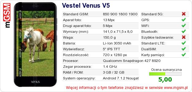 Dane telefonu Vestel Venus V5