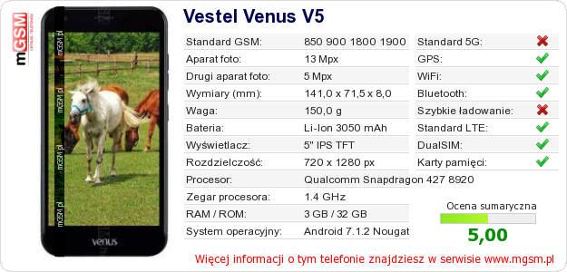 Dane telefonu Vestel Venus V5