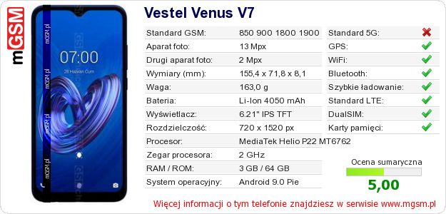 Dane telefonu Vestel Venus V7