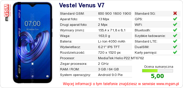 Dane telefonu Vestel Venus V7