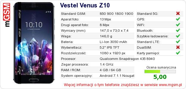 Dane telefonu Vestel Venus Z10