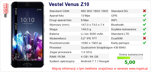 Dane telefonu Vestel Venus Z10