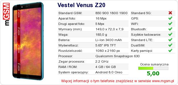 Dane telefonu Vestel Venus Z20 Dane telefonu Vestel Venus Z20
