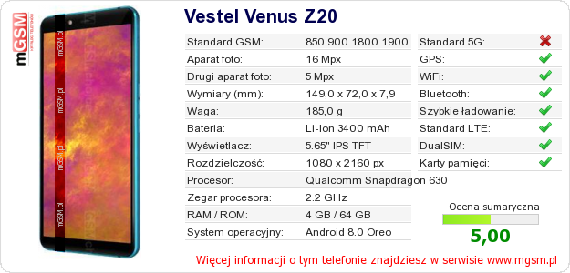 Dane telefonu Vestel Venus Z20