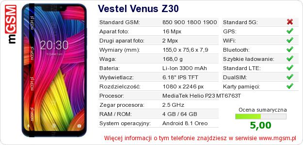 Dane telefonu Vestel Venus Z30 Dane telefonu Vestel Venus Z30