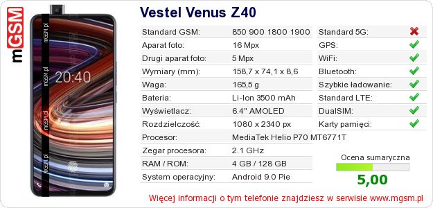 Dane telefonu Vestel Venus Z40 Dane telefonu Vestel Venus Z40