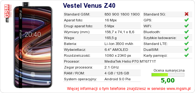Dane telefonu Vestel Venus Z40