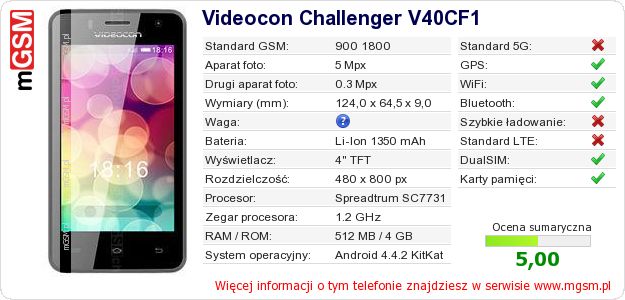 Dane telefonu Videocon Challenger V40CF1 Dane telefonu Videocon Challenger V40CF1