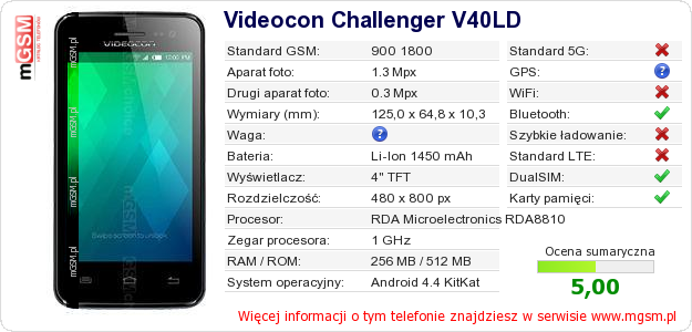 Dane telefonu Videocon Challenger V40LD Dane telefonu Videocon Challenger V40LD