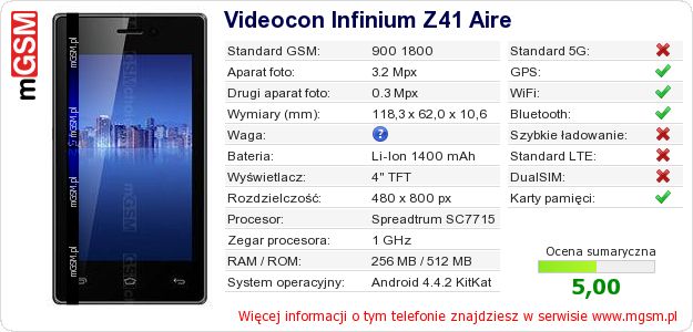 Dane telefonu Videocon Infinium Z41 Aire Dane telefonu Videocon Infinium Z41 Aire