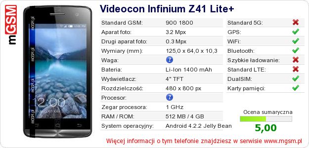 Dane telefonu Videocon Infinium Z41 Lite+ Dane telefonu Videocon Infinium Z41 Lite+