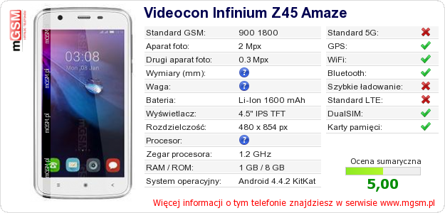 Dane telefonu Videocon Infinium Z45 Amaze Dane telefonu Videocon Infinium Z45 Amaze