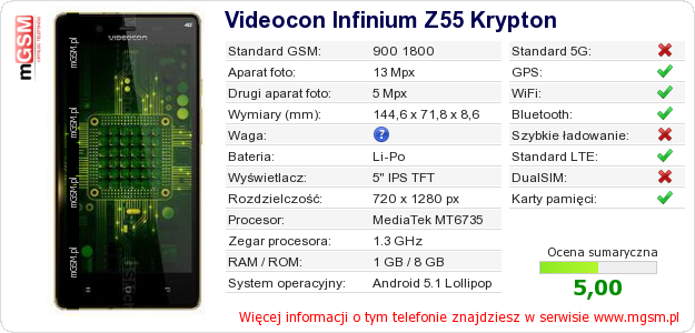 Dane telefonu Videocon Infinium Z55 Krypton