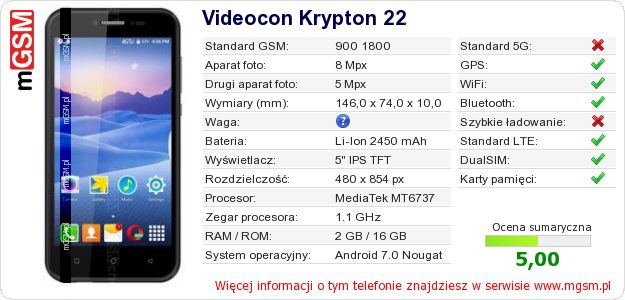 Dane telefonu Videocon Krypton 22