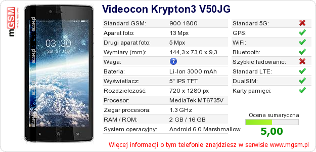 Dane telefonu Videocon Krypton3 V50JG