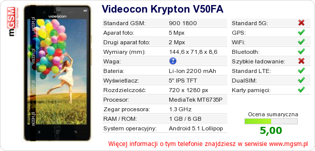 Dane telefonu Videocon Krypton V50FA