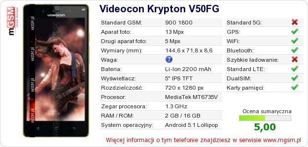 Dane telefonu Videocon Krypton V50FG Dane telefonu Videocon Krypton V50FG