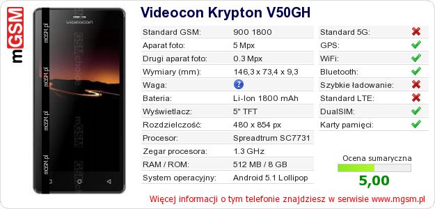 Dane telefonu Videocon Krypton V50GH