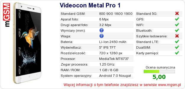 Dane telefonu Videocon Metal Pro 1 Dane telefonu Videocon Metal Pro 1