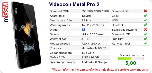 Dane telefonu Videocon Metal Pro 2 Dane telefonu Videocon Metal Pro 2