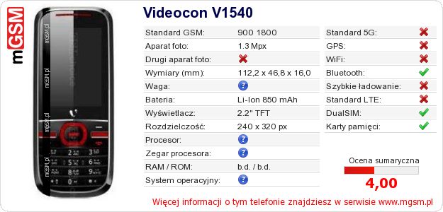 Dane telefonu Videocon V1540 Dane telefonu Videocon V1540