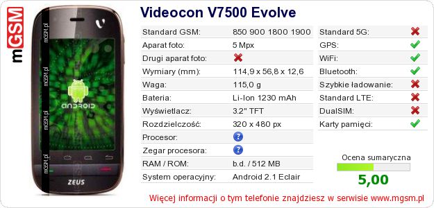 Dane telefonu Videocon V7500 Evolve