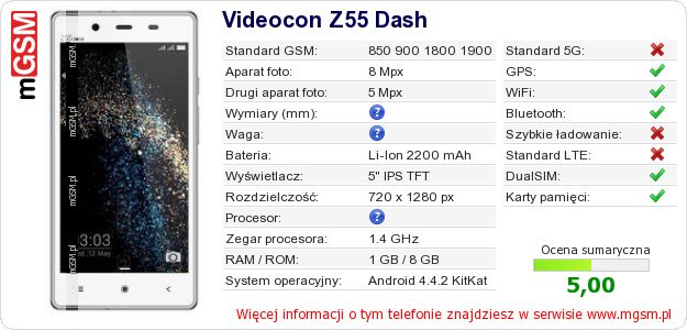 Dane telefonu Videocon Z55 Dash Dane telefonu Videocon Z55 Dash