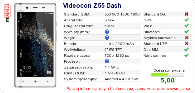 Dane telefonu Videocon Z55 Dash Dane telefonu Videocon Z55 Dash