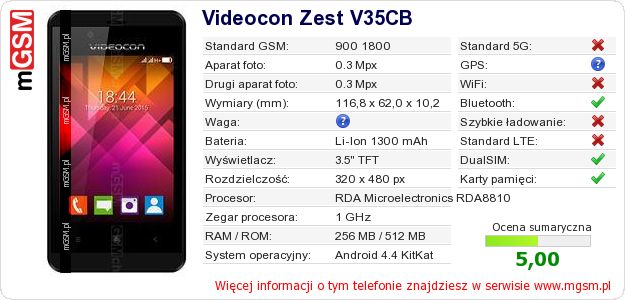 Dane telefonu Videocon Zest V35CB