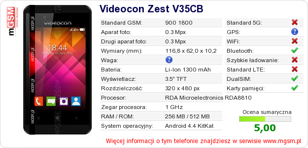 Dane telefonu Videocon Zest V35CB