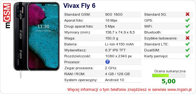 Dane telefonu Vivax Fly 6 Dane telefonu Vivax Fly 6